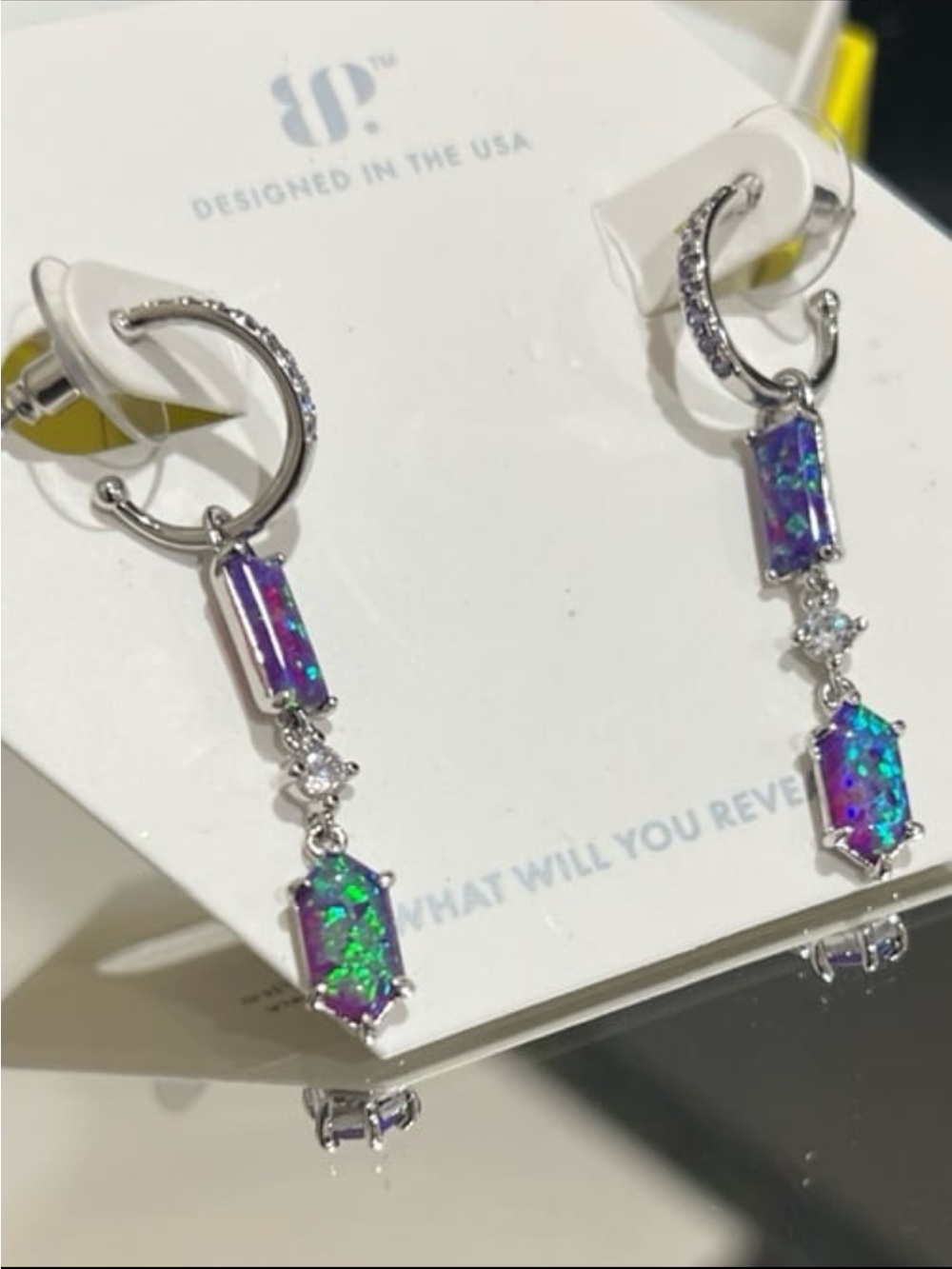 RBP6997 fall for me, Lab grown amethyst fire Opal dangle, rhodium plated earring